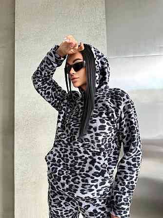 Женский теплый леопардовый костюм двойка: худи и штаны турецкий двусторонний полар флис 44/46 Одесса