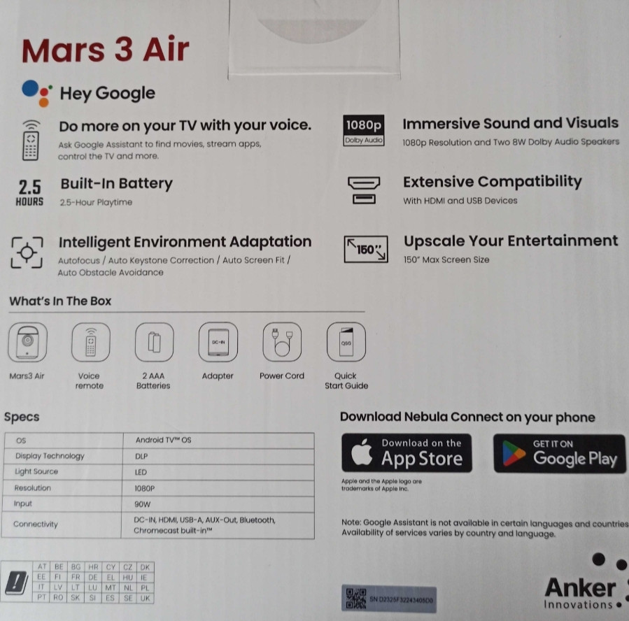 Портативний проєктор Anker Nebula Mars 3 Air GTV Projector зі звуком Dolby Digital і FullHD Київ - фото 2