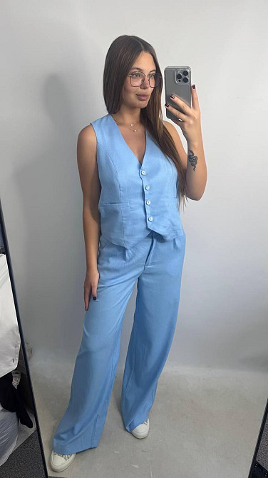 Лляний костюм-трійка в класичному стилі Блакитний XS-S Харків - фото 1