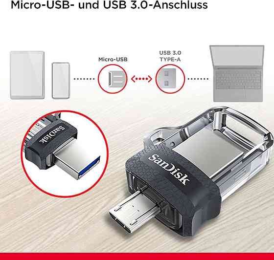 SanDisk Ultra 128GB Dual USB 3.0 выдвижная флешка OTG для смартфона скорость до 150 МБ/с чёрная Киев