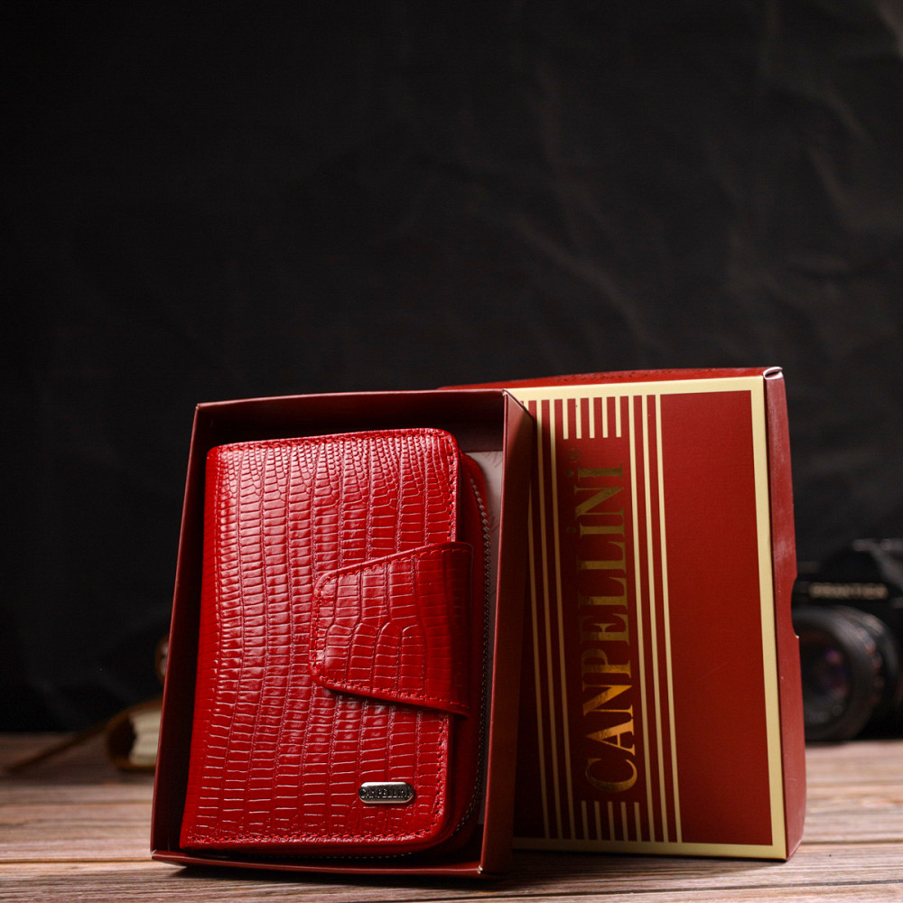 Фактурне жіноче вертикальне портмоне з монетницею на блискавці з натуральної шкіри з тисненням CANPELLINI 21731 Червоне Київ - фото 1