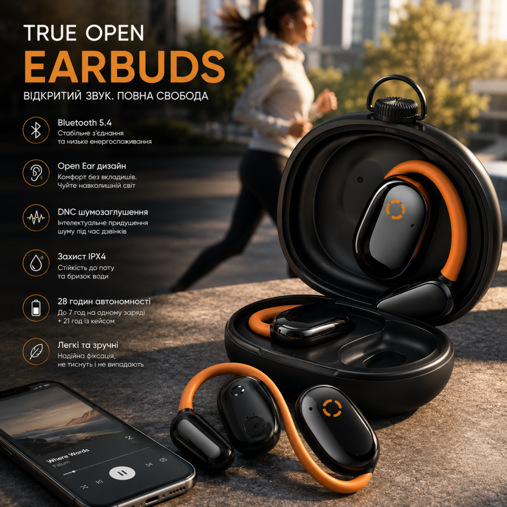 Бездротові навушники True Open Earbuds, Bluetooth 5.4, Open Ear, DNC, IPX4, 28 год автономності, відкритого типу Київ - фото 9