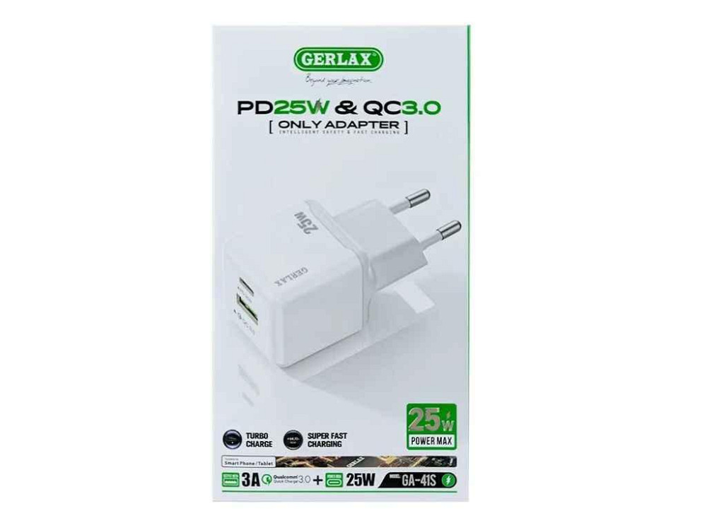 Сетевое зарядное устройство USB GA-41S 3A/1USB/QC3.0/PD25W белый ТМ GERLAX Киев - изображение 1