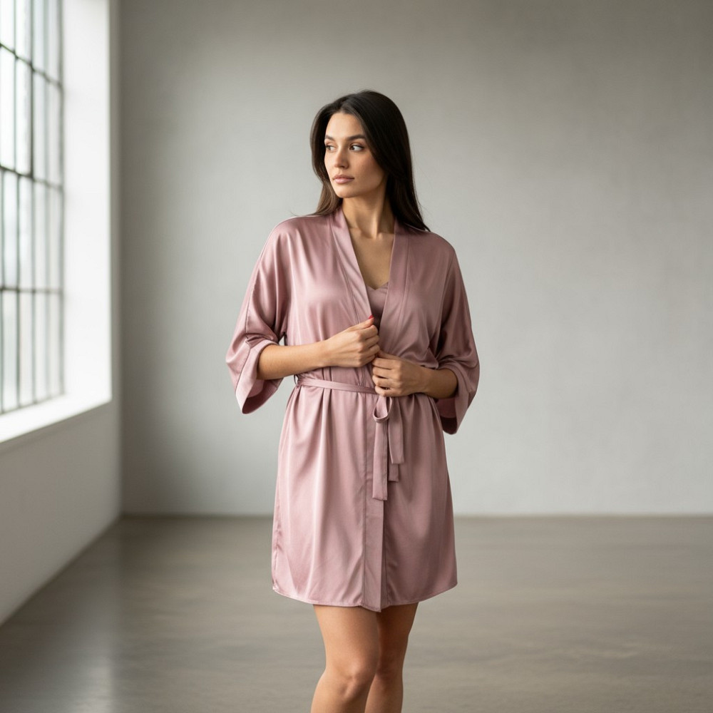 Халат женский шелковый под пояс длина 90см Пудровый XL/2XL Харьков - изображение 1