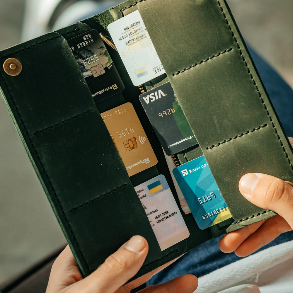 Клатч чоловічий шкіряний Лонгер Зелений стильний на кнопках 20х10 см з відділеннями для купюр, карт та монетMasterSem Київ - фото 7