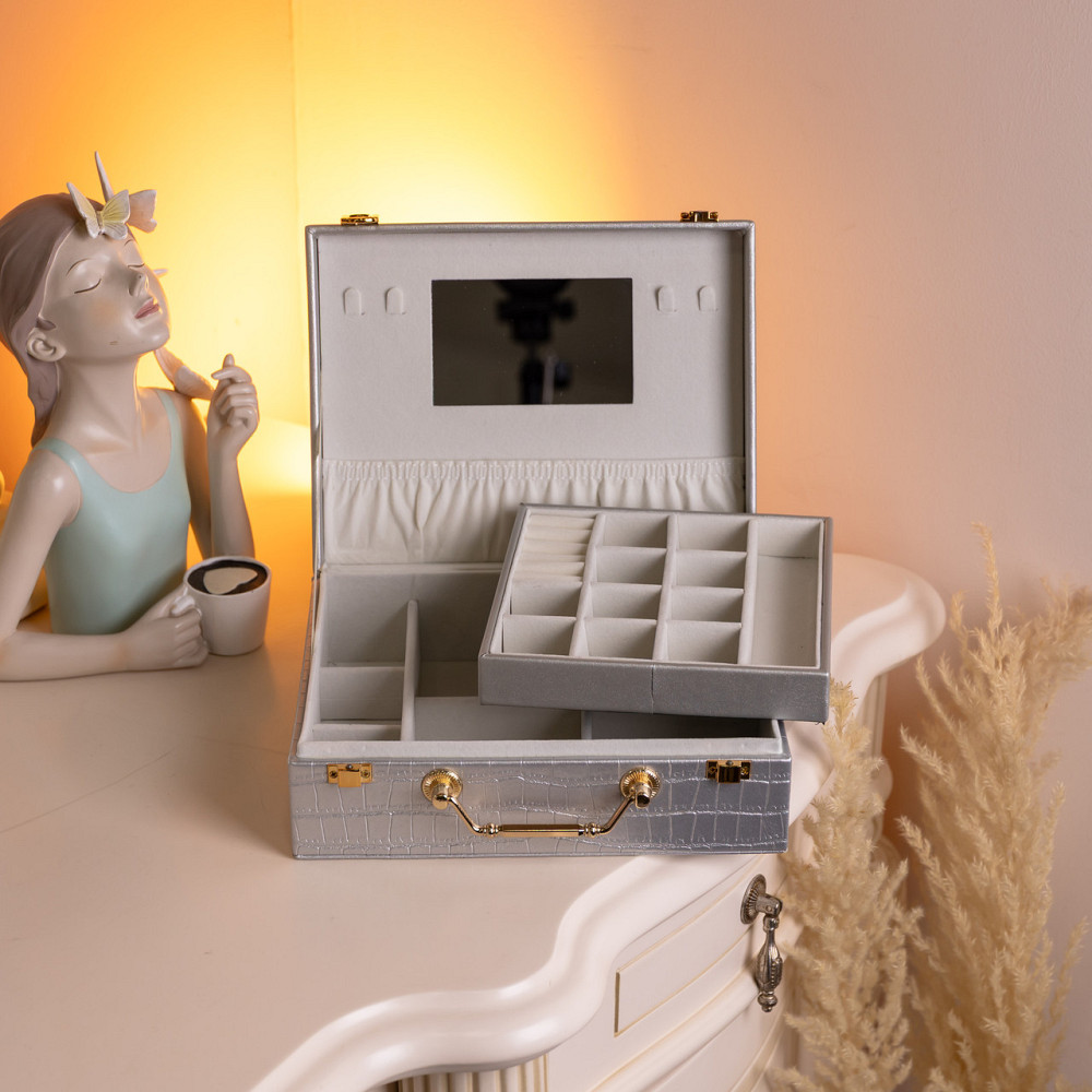 Скринька для прикрас з еко шкіри 19 відділень з дзеркалом 23.5×14×8 см Сірий HP-5-20G Київ - фото 10