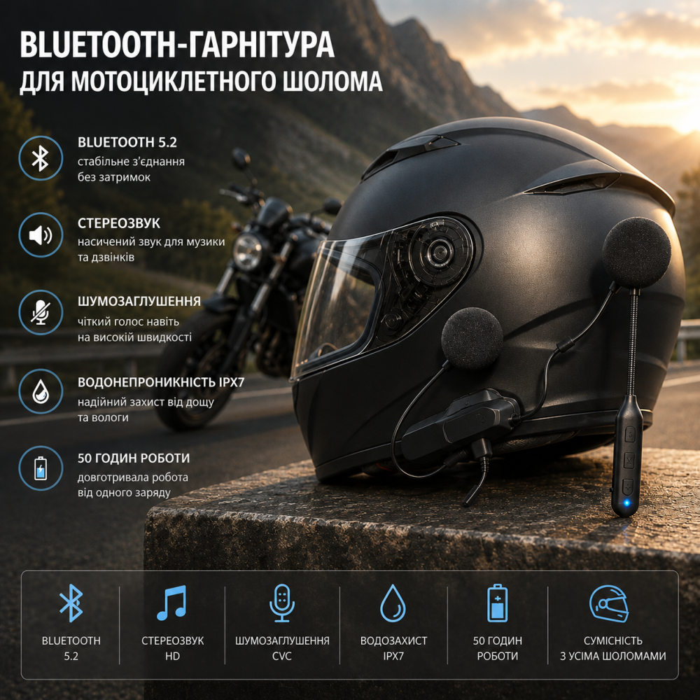 Bluetooth-гарнитура для мотоциклетного шлема, Bluetooth 5.2, водонепроницаемая IPX7, стереозвук, шумоподавление, 50 часов работы Киев - изображение 1