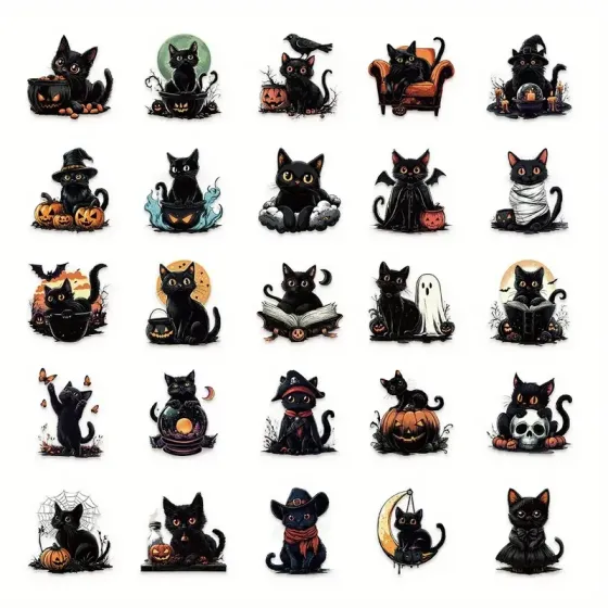 Набор наклеек «Черные кошки на Хэллоуин» – 50 шт. водостойких стикеров с тыквами, летучими мышами и привидениями Киев