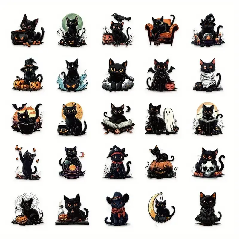 Набір наліпок "Чорні коти на Гелловін" – 50 шт. водостійких стікерів із гарбузами, кажанами та привидами Київ - фото 4