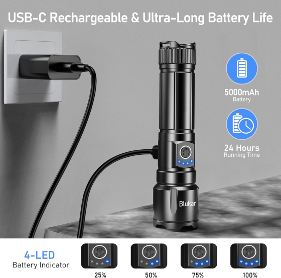 Ліхтарик акумуляторний Blukar LED, 5000 мАг, USB-C, 5 режимів, Zoom, до 24 годин, алюмінієвий, чорний Київ