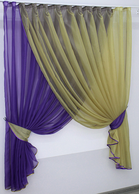 Кухонні шторки VR-Textil № 060к "Дует" з підв'язками фіолетовий з темно-бежевим 330х170 см (50-234) Київ - фото 2
