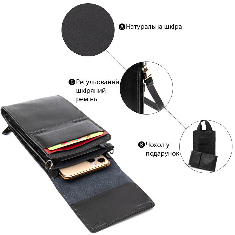 Мужская кожаная сумка-кошелек Черный (GRANDE PELLE) Киев - изображение 8