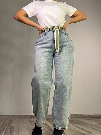 Джинси жіночі DNL 2670 skater mom jeans висока талія з ременем стрейчеві блакитні, блакитний, 26, 26 Одеса - фото 1