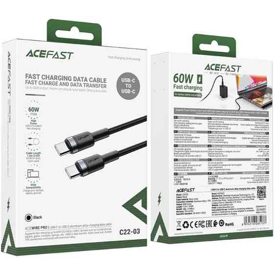 Кабель USB 2.0 Type-C M-M, 1.2 м, 60W aluminum alloy Black, C22-03 Acefast Вінниця