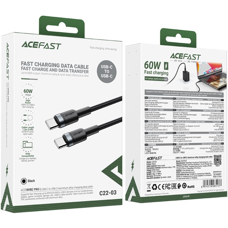 Кабель USB 2.0 Type-C M-M, 1.2 м, 60W aluminum alloy Black, C22-03 Acefast Вінниця - фото 4