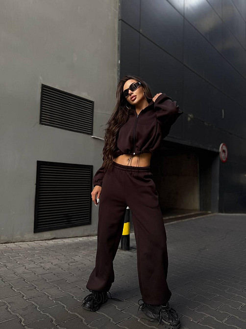 Утеплений жіночий костюм двійка у спортивному стилі тринитка на флісі Шоколадний, 46/48 Одеса - фото 10