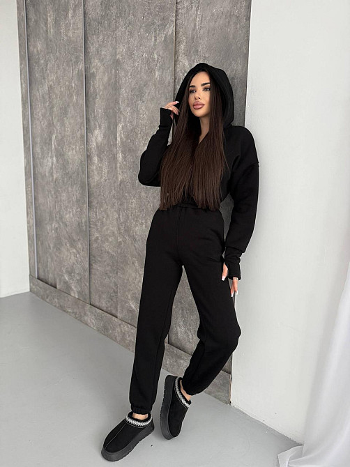 Жіночий теплий повсякденний комбінезон із капюшоном тринитка на флісі Чорний, 48/50 Одеса - фото 5