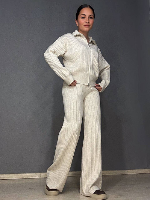 Костюм жіночий Joy One 376 вʼязаний в рубчик з кофтою на блискавці та брюками палаццо, бежевий, one size Київ - фото 18