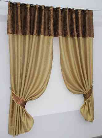 Кухонные шторы VR-Textil № 073к с ламбрекеном и подхватами золотистый с коричневым 275х170 см (52-0049) Киев
