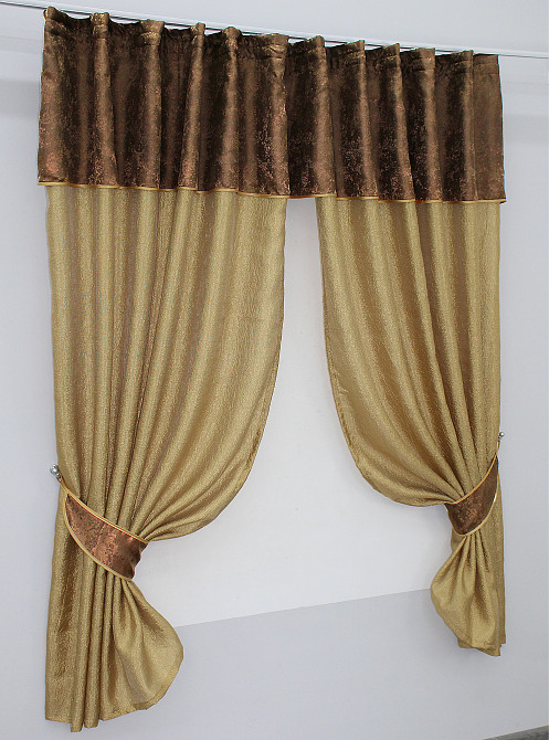 Кухонные шторы VR-Textil № 073к с ламбрекеном и подхватами золотистый с коричневым 275х170 см (52-0049) Киев - изображение 2
