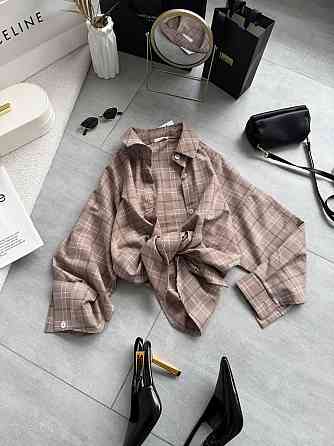 Женская трендовая оверсайз рубашка в клетку костюмный тиар Беж Одесса