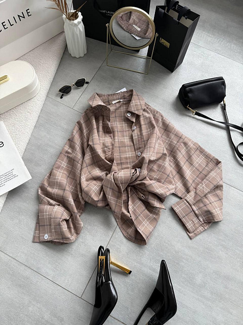 Женская трендовая оверсайз рубашка в клетку костюмный тиар Беж Одесса - изображение 6