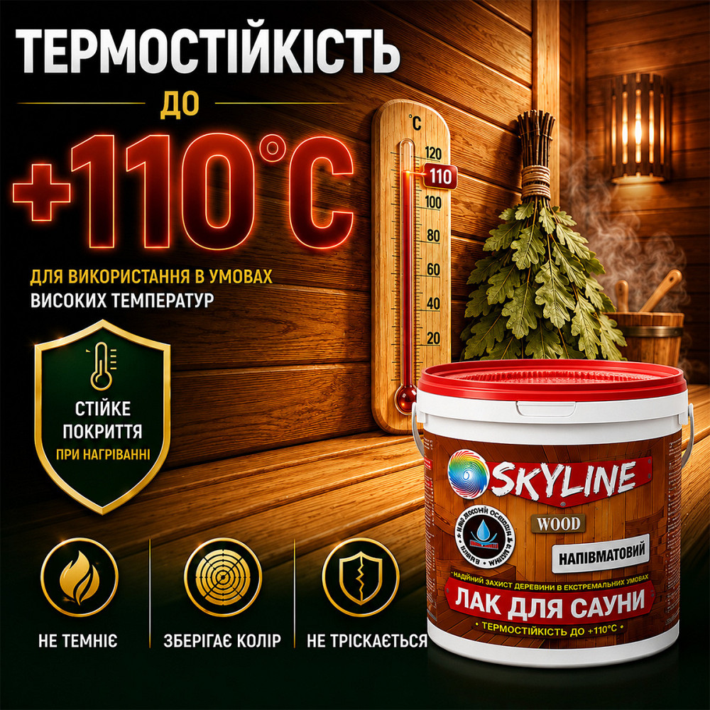 Лак для сауны SkyLine WOOD 3 л — акриловый полуматовый лак для дерева, прозрачный, без запаха, термостойкий до +110°C Харьков - изображение 5