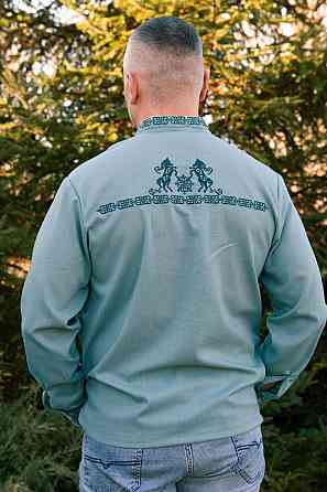 Вышиванка льняная мужская, длинный рукав, цвет полынь, топ Киев