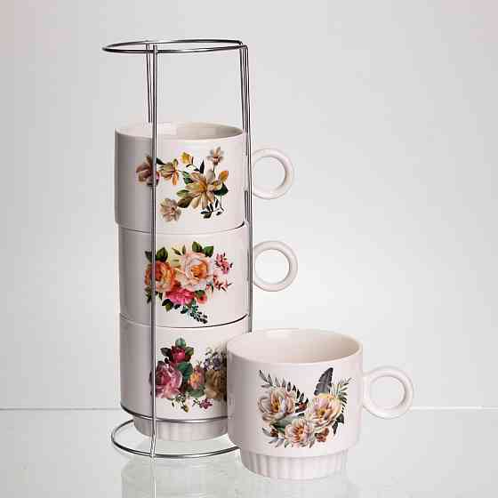Набор чашек для чая и кофе на металлической подставке Flower 4 (шт) по 300 (мл) подарочный набор фарфоровых чашек FM-7 SBR Киев