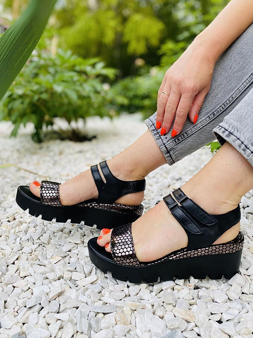 Olli Босоніжки жіночі чорні + квасоля OLLI 3-56274 літні / Шкіряні босоніжки на танкетці 37-39 Коломыя - изображение 8