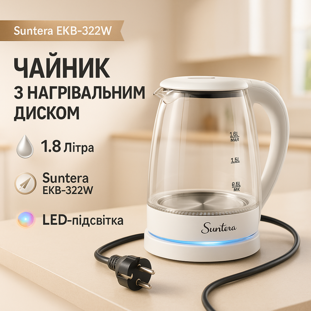 Скляний електрочайник з вбудованим підсвічуванням Suntera EKB-322W 1500 Вт 1.8 л, Ел чайник для кухні KA-31 Львів - фото 9