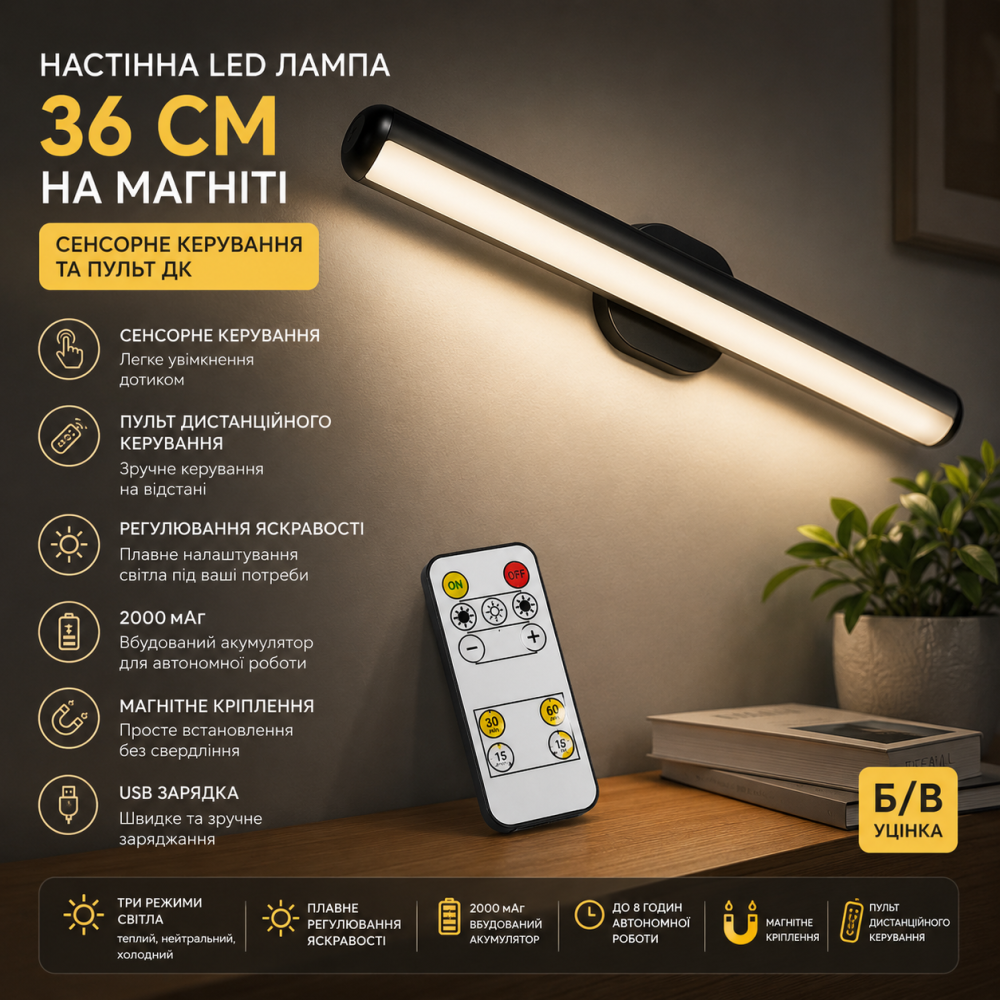 Настінна LED лампа на магніті 36 см (2000 мАг): сенсорне керування, пульт ДК, регулювання яскравості (Б/В) Київ - фото 7