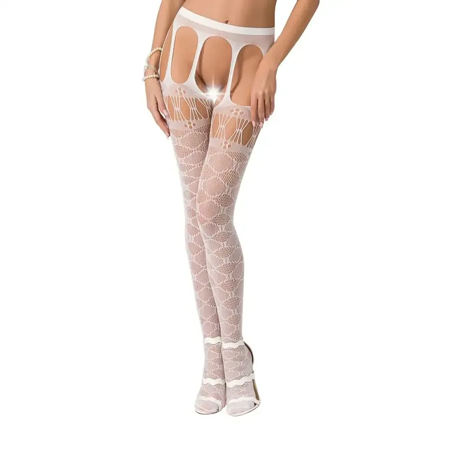 Еротичні колготки-бодістокінги Passion S025 One Size, White, імітація ажурних панчішок з пояском Львов - изображение 1