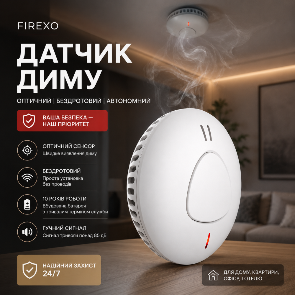 Автономний оптичний датчик диму Firexo, бездротовий, 85 дБ, батарея на 10 років Київ - фото 1