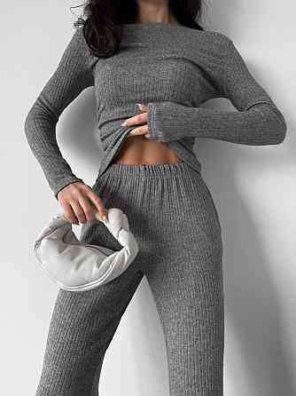 Женский базовый костюм двойка: лонгслив и брюки ангора рубчик Серый, 44/46 Одесса