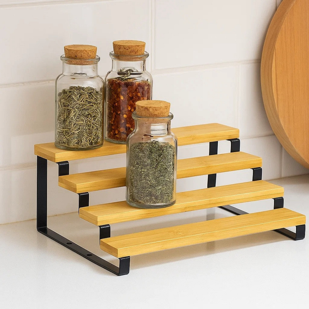 Полиця для ванної кімнати та кухні дерев'яна багатоярусна на 4 ступені для спецій, стійка ступінчаста для банок Кам'янець-Подільський - фото 2