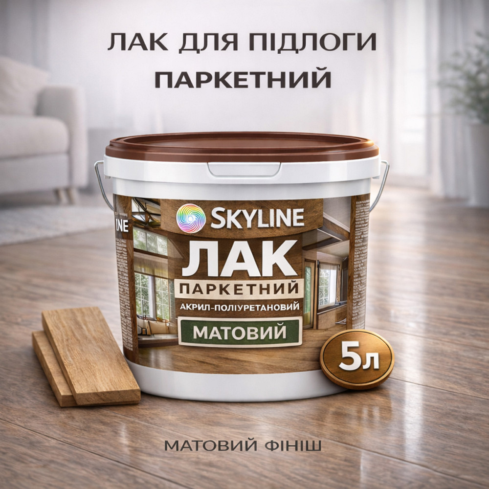 Лак для підлоги матовий Skyline паркетний, акрил-поліуретановий, водний, зносостійкий, без запаху, 5 л Харків - фото 1