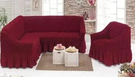 Digital Бордовый Чехол накидка на угловой диван с креслом, комплект чехлов на угловой диван и к Киев - изображение 1
