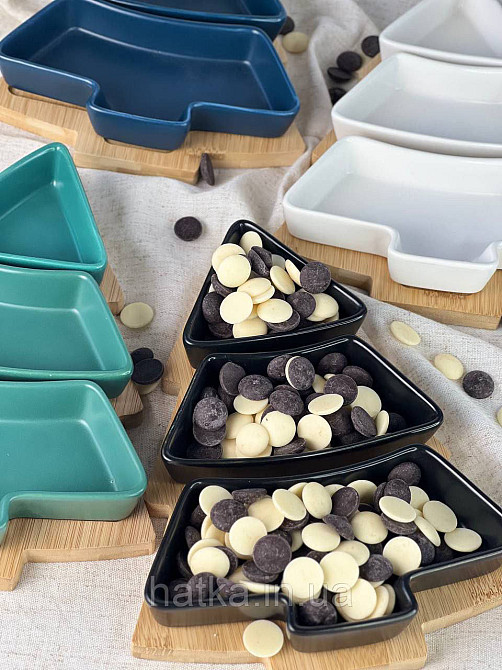 Тарілка менажниця новорічна "Синя Ялинка" кераміка 26*15*h5 см бамбукова підставка 8030-354 Київ - фото 7