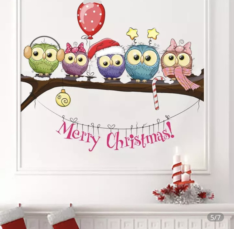 Новорічні наклейки сови на гілці - розмір стікера 25*70см, силікон Київ - фото 3