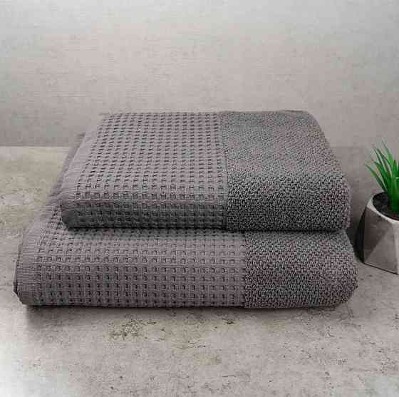 Комплект махрових рушників Вафельний Бордюр 2шт GM Textile 50х90см, 70х140см 500г/м2 (Сірий) Суми