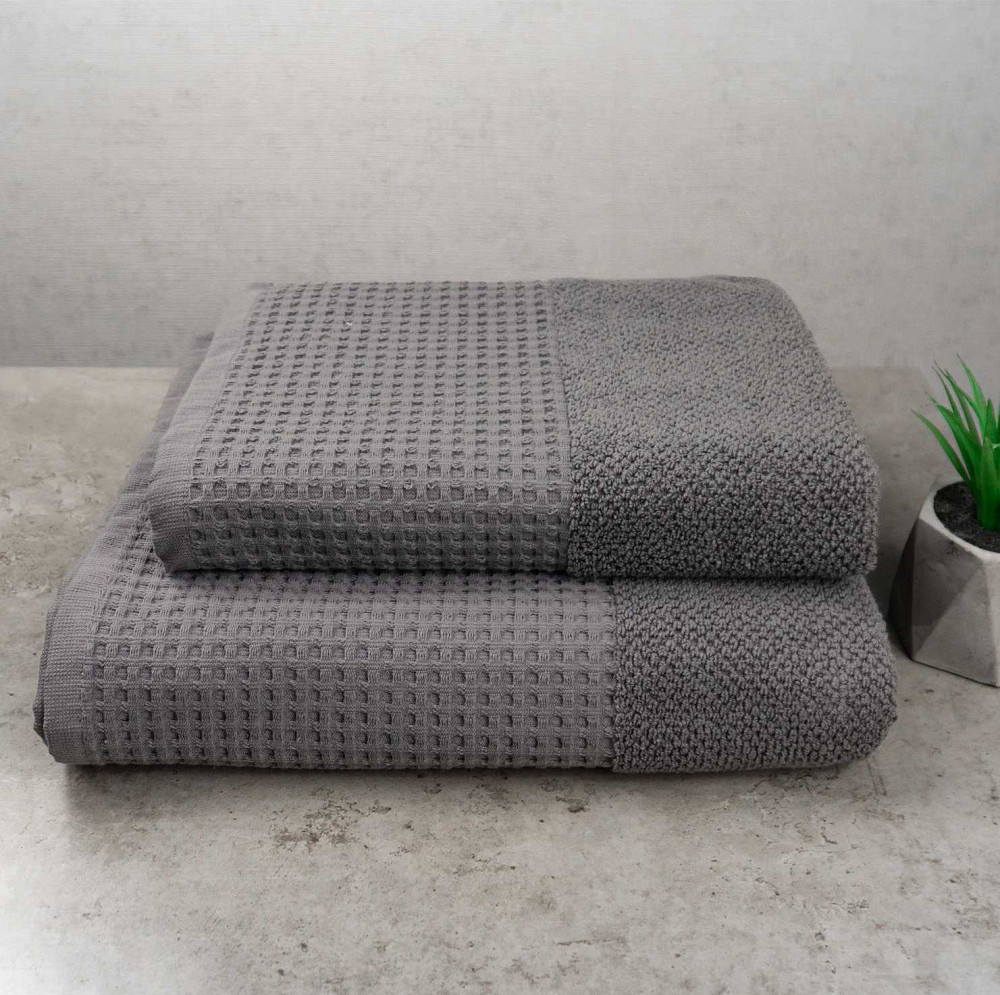 Комплект махрових рушників Вафельний Бордюр 2шт GM Textile 50х90см, 70х140см 500г/м2 (Сірий) Суми - фото 1