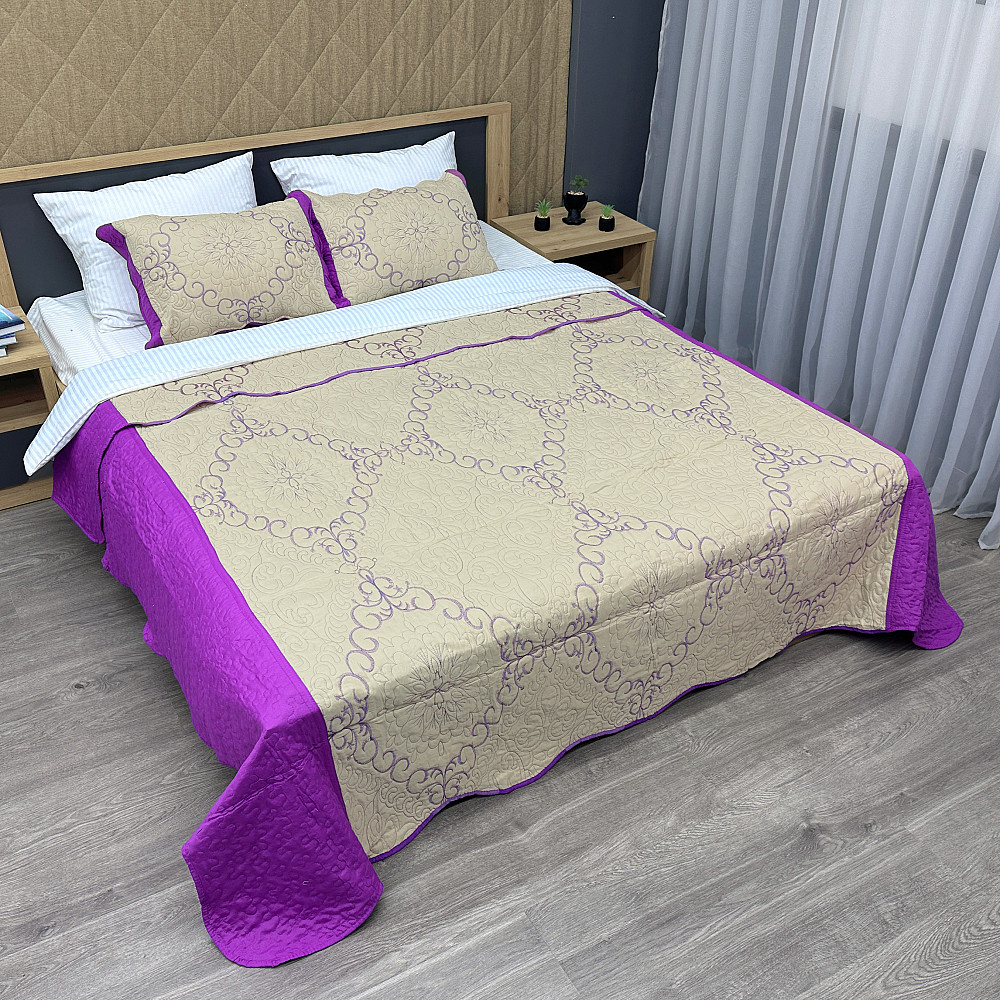 Покривало стьобане з наволочками Expo Trade 220x220 (+-10 см) бежевий з лавандовим (85-164) Київ - фото 1