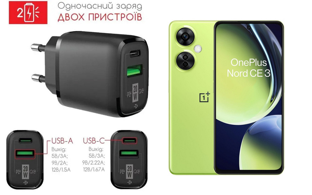 Сетевое зарядное устройство для OnePlus Nord CE 2 5G, Nord CE 2 Lite 5G, 20W 3A, Quick Charge 3.0 Киев - изображение 1
