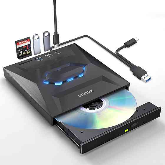 Зовнішній CD/DVD привід UNITEK T037A з 2*USB, Type C та слотом для карт SD Луцьк