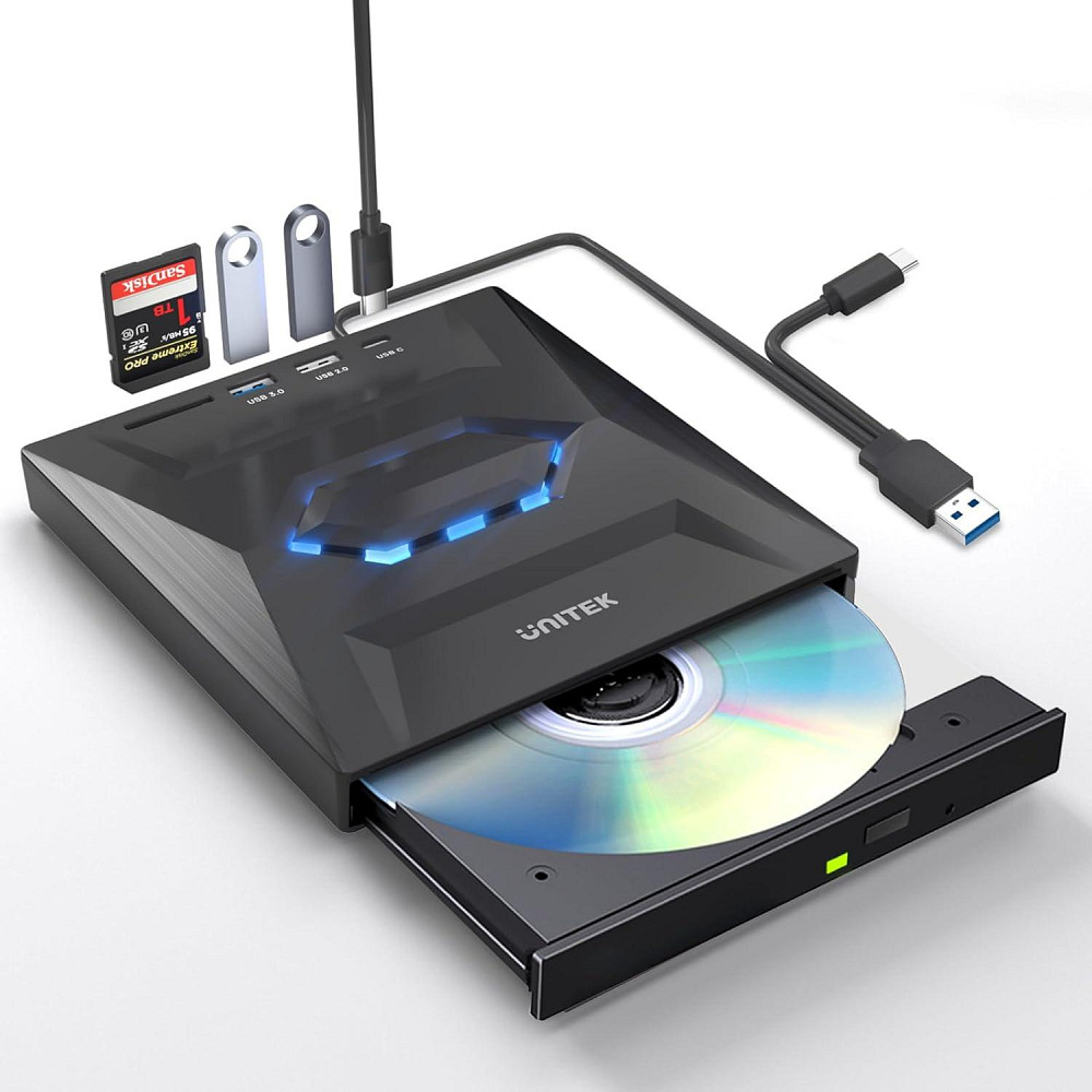 Зовнішній CD/DVD привід UNITEK T037A з 2*USB, Type C та слотом для карт SD Луцьк - фото 1