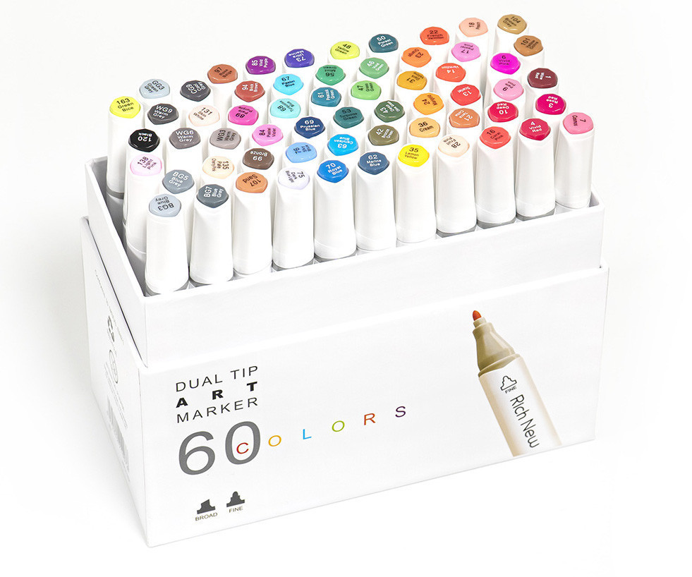 Набір професійних маркерів двосторонніх 60 штук Rich New для малювання і скетчинга на спиртовій основі Кам'янець-Подільський - фото 4