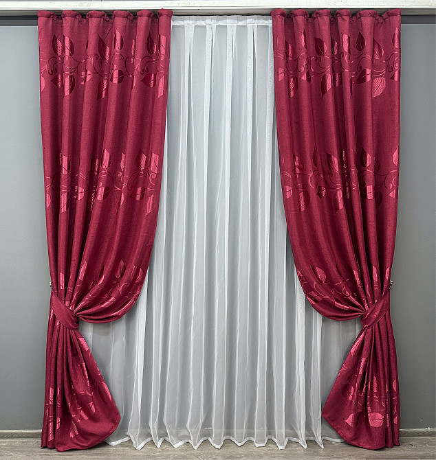 Комплект готових штор VR-Textil Льон Рогожка № 1721ш Рубіновий 150х270 см 2 шт (33-0628) Київ - фото 2