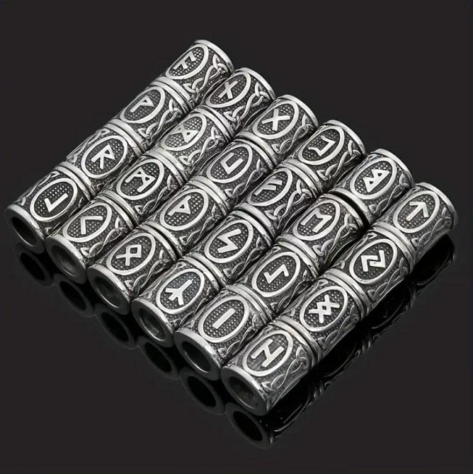 Скандинавські металеві намистини шарми " Руни вікінгів " в мішечку. Комплект 24 шт., колір срібний. Київ - фото 1