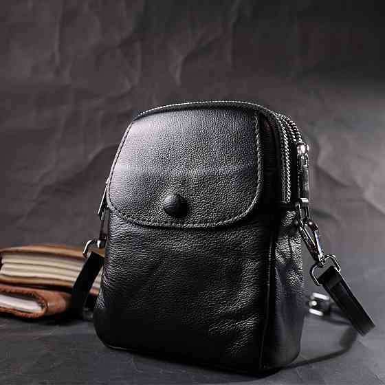 Вертикальна невелика сумка для жінок на два відділення з натуральної шкіри Vintage 22399 Чорна Київ